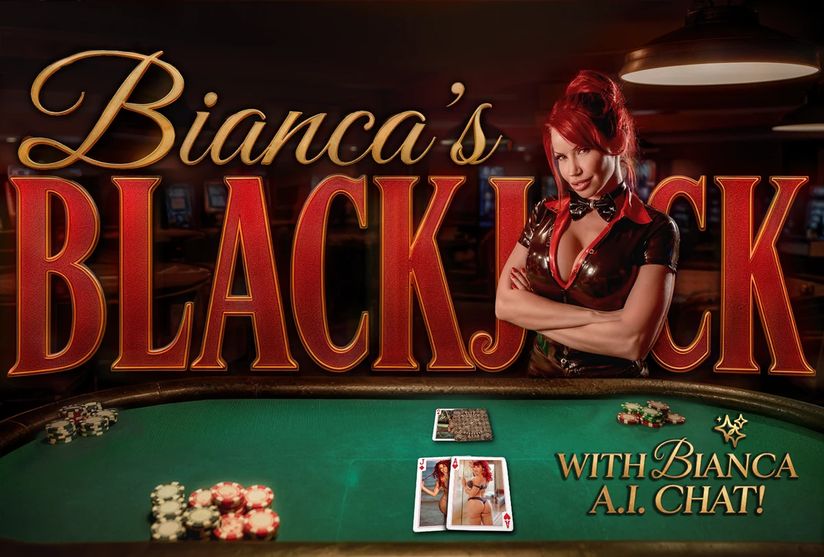 Bianca’s Blackjack — latex model Bianca Beauchamp standing at her blackjack table, with A.I. chat
